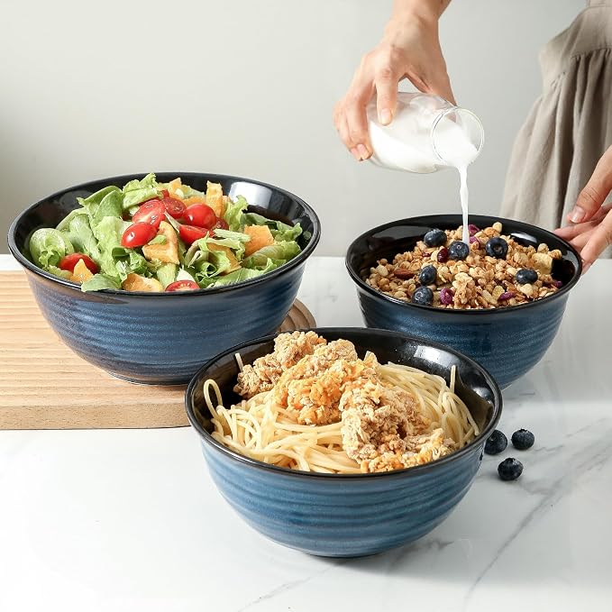 HASENSE Mixing Bowls, Ceramic Serving Bowls Set for Cooking, Baking, Prepping, Large Nesting Bowls for Salads, Fruit, Popcorn, 2.1/1.5/1.0 Qt, Dishwasher & Microwave Safe, Blue - Image 2