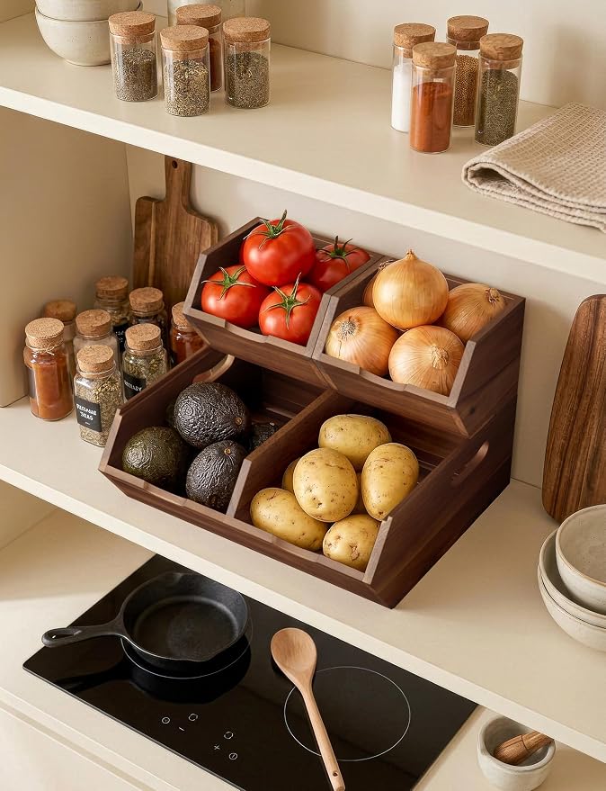 Tidita Wood Potato and Onion Storage Bin, Set of 3, Stackable, Walnut Color | Acacia Wood, Built-in Handles, Ventilated Pantry Storage Bins, 50LBS Capacity, Non-Skid Pads, Slatted Bottoms, Multi-Use - Image 6