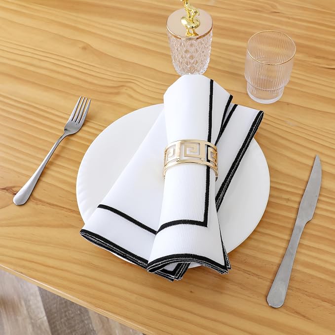 Majestic Giftware Set of 12 Polyester Napkins (NPK-BK) | White Black Trim Design Dinner Napkins Cloth | Linen Look Washable Cloth Napkins Set for Weddings, Banquets, or Restaurants (20" x 20") - Image 3