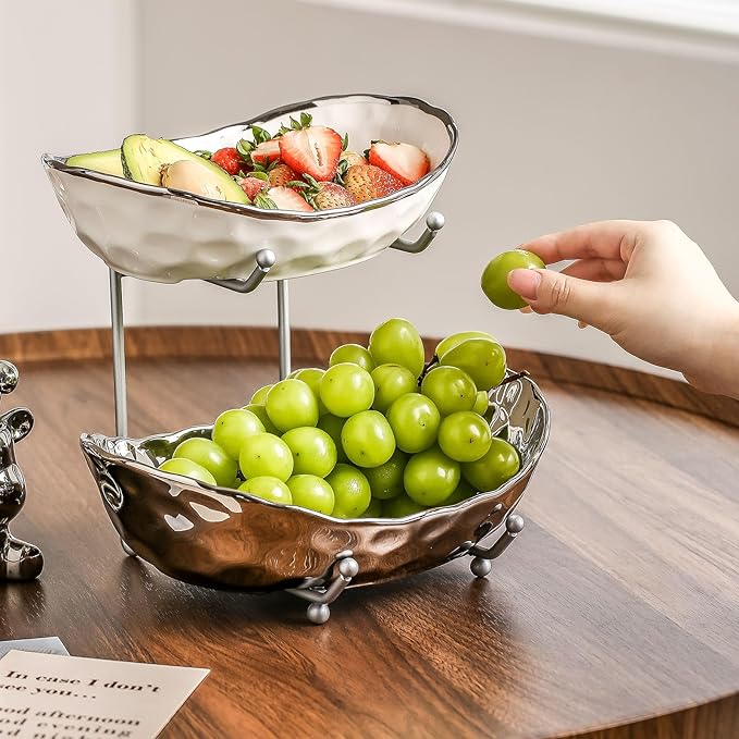 2-Tier Fruit Bowls for Kitchen Counter,Ceramic Bowl with Silver Metal Stand,2 Tier Fruit Basket for Fruit,Snack,Cake,Nuts,Dessert Space Saving Storage - Image 4
