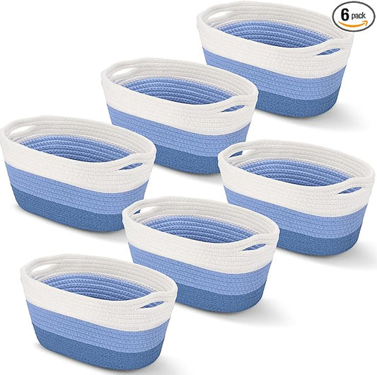 Sawysine 6 Pcs Storage Baskets Bulk for Organizing Cotton Rope Woven Basket with Handles for Gift Cloth Shelves Blanket Toys Living Room(Blue and White) by Sawysine