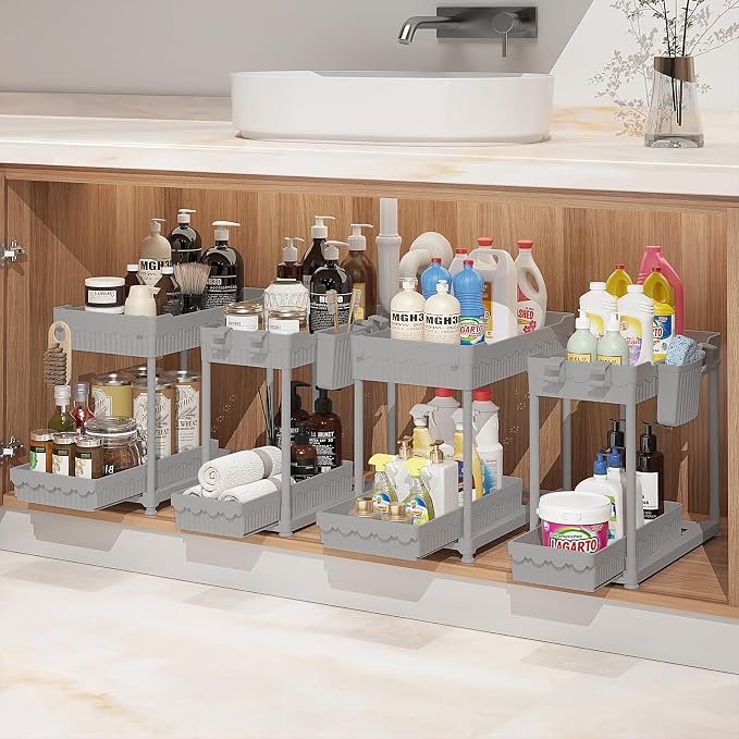 4-Pack 2-Tier Under Sink Organizer with Pull Out Drawers | Multi-use kitchen & bathroom storage. Includes hanging hooks and cups. Gray, space-saving cabinet design. 12.8 Inch by Sevenblue
