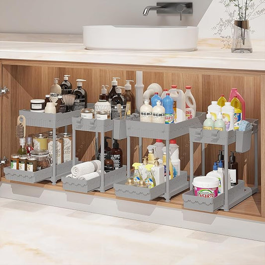 4-Pack 2-Tier Under Sink Organizer with Pull Out Drawers | Multi-use kitchen & bathroom storage. Includes hanging hooks and cups. Gray, space-saving cabinet design. 12.8 Inch by Sevenblue