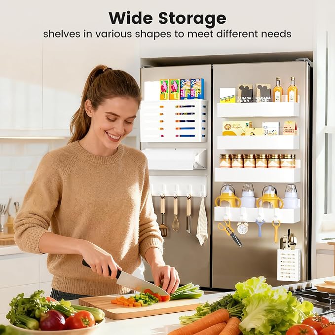 Magnetic Spice Rack for Refrigerator,8 Pack Magnetic Shelf,Fridge Magnet Organizer with Paper Towel Holder,Utensils Racks,Hook Rack,Deepened Basket,Fridge Organizers and Storage White(8 Pack) - Image 6