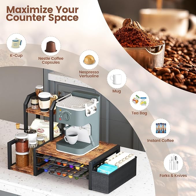 Coffee Pods Drawers, Holds 96 OriginalLine Pods & 10 Syrup Bottles | Coffee Station Organizer with OriginalLine Pod Holder, Pull-Out Drawer with Anti-Slide Lock, Side Basket & Syrup Rack - Image 5