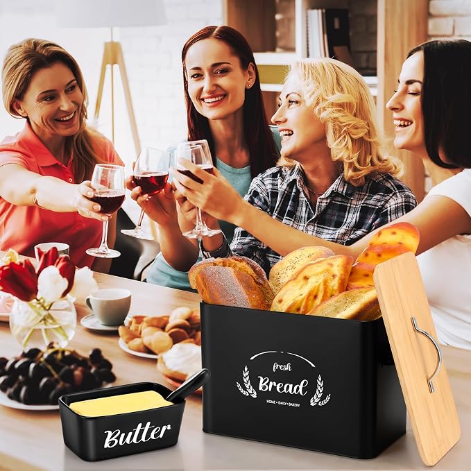 Qinyoung 2 Pcs Large Bread Box Set for Kitchen Countertop with Ceramic Butter Dish Holder Bamboo Lid Knife Metal Bread Holder Farmhouse Kitchen Storage Container for Home Housewarming Gift(Black) - Image 6