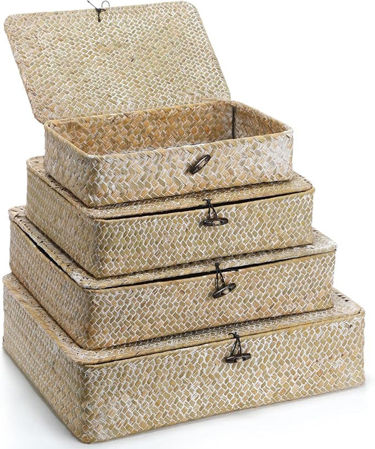 Didaey Set of 4 Seagrass Basket with Lid Wicker Storage Basket Decorative Storage Boxes with Lids Flat Storage Bins Woven Organizer Baskets for Shelf Closet Bedroom, 4 Sizes (White) by Didaey