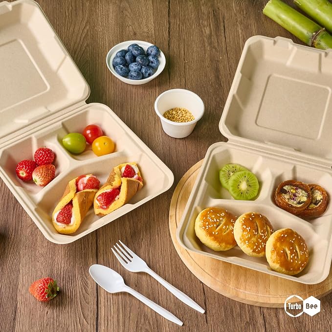 Turbo Bee 100 Pack 8x8inch Natural 3 Compartment Take Out Containers with Lids, Disposable Clamshell Meal Prep Containers, Divided Food Boxes for Food Truck, BBQ, Catering & Lunch - Image 8