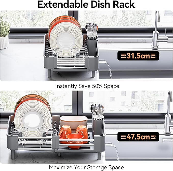 Urackify Extendable Stainless Dish Drying Rack for Kitchen Counter, Gray | 13.78"W x 18.7"L, Foldable Drainboard for Space Saving, Knife and Utensil Holder, Fast-draining Spout - Image 3