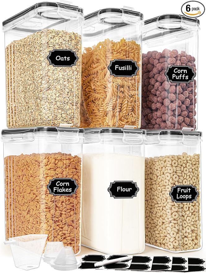 HKJ Chef Cereal Containers Storage Set (4L / 135.2oz), 6PCS Airtight Food Storage Containers with Lids, Cereal Dispensers for kitchen Pantry Organizers and Storage with Pour Spout, 20 Labels, Marker by HKJ+Chef