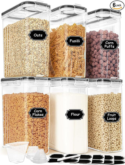 HKJ Chef Cereal Containers Storage Set (4L / 135.2oz), 6PCS Airtight Food Storage Containers with Lids, Cereal Dispensers for kitchen Pantry Organizers and Storage with Pour Spout, 20 Labels, Marker by HKJ+Chef
