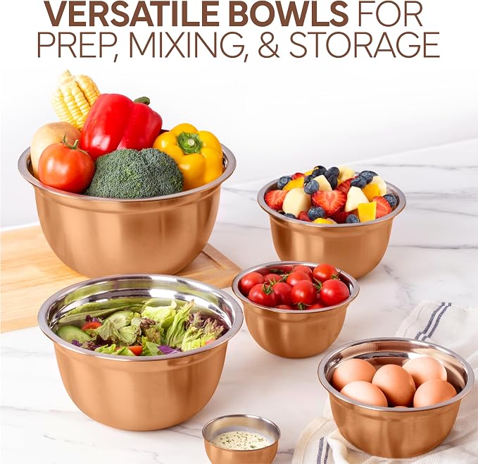 COOK WITH COLOR 18 Piece Mixing Bowls Set with Airtight Lids, Stainless Steel Bowl Organizers, Food Storage Containers, Meal Prep, Nesting Salad Bowls For Cooking, Baking, Kitchen Use, Copper - Image 6