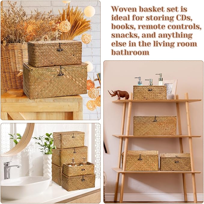 6 Pcs Seagrass Basket with Lid Wicker Storage Decorative Boxes with Lids Bin Woven Organizer for Shelf Closet Bedroom, 6 Sizes(Classic Style,Yellow Brown) - Image 7