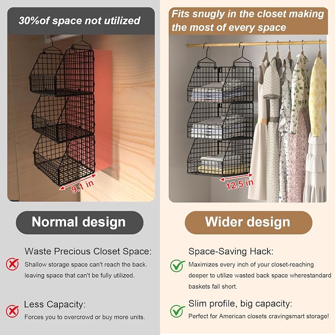 PUPPYCUTE Larger & Deeper Hanging Storage Basket, Closet Organizers and Storage, Hanging Shelves Wire Baskets for Clothing Sweaters Purse Handbags Shoes Black 3 Tier - Image 5