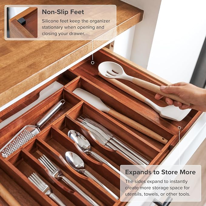 Silverware & Utensil Drawer Organizer, 14.5-25 in, Acacia | Cutlery, flatware, food-safe contract grade, kitchen drawer fit - Image 6