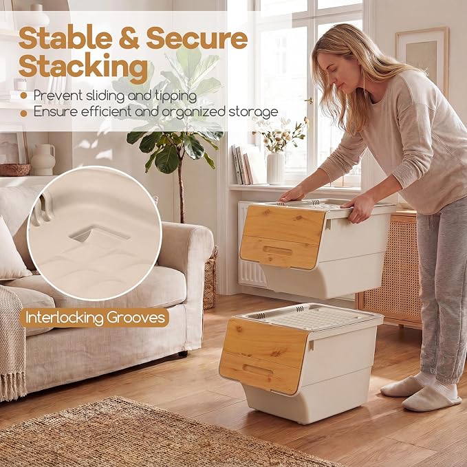 GIANTEX 3 Pack Plastic Stackable Storage Bins with Lids & Wheels, 12.5 QT | Open Front Stacking Bins, Organizer Bins for Pantry, Kitchen, Laundry, Closet, Playroom, Bedroom Organization - Image 6