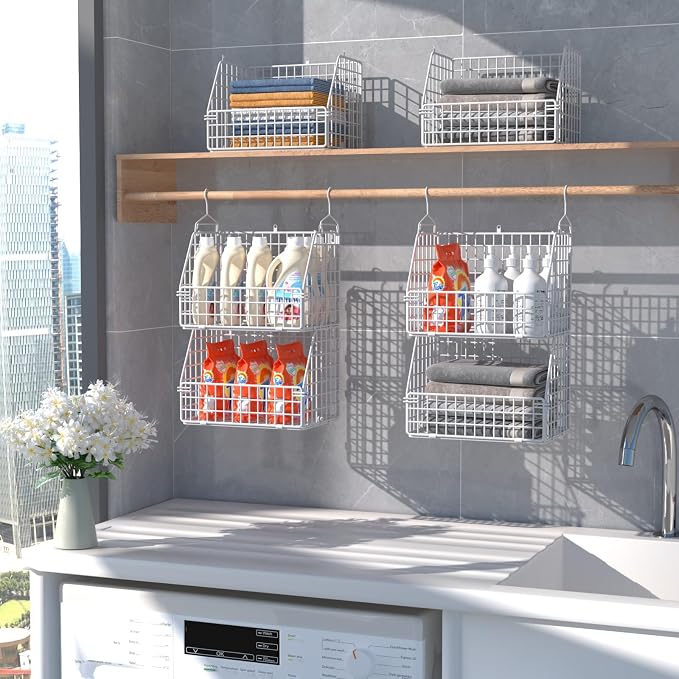 PUPPYCUTE Hanging Closet Organizer and Storage, Clothes Hanging Shelves Wire Baskets for Clothing Sweaters Purse Handbags Shoes White 5 Tier - Image 5