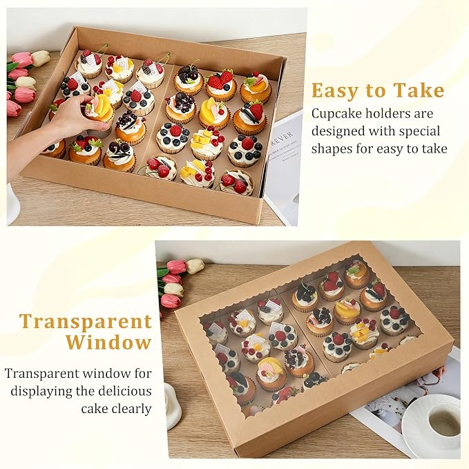 24 Count Corrugated Cupcake Boxes, 4 Pack White Cupcake Containers with Windows, Disposable Cupcake Carriers for Muffins, Treats, Pastries, 19 x 14 x 3.9 Inches (Brown, 24Count /4Pcs) - Image 4