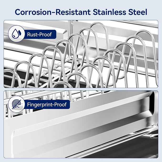 Stainless Steel Dish Drying Rack - Expandable Dish Racks for Kitchen Counter Organizer with Drain Board, Detachable Utensil & Cup Holder, Dish Drainer for Small Kitchen Counter, Black - Image 2