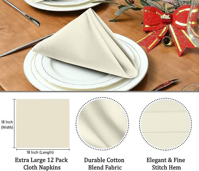 Ruvanti Cloth Napkins Set of 12, 18x18 Inches Napkins Cloth Washable, Soft, Durable, Absorbent, Cotton Blend. Table Dinner Napkins Cloth for Hotel, Lunch, Restaurants, Wedding Parties - Ivory/Cream - Image 3