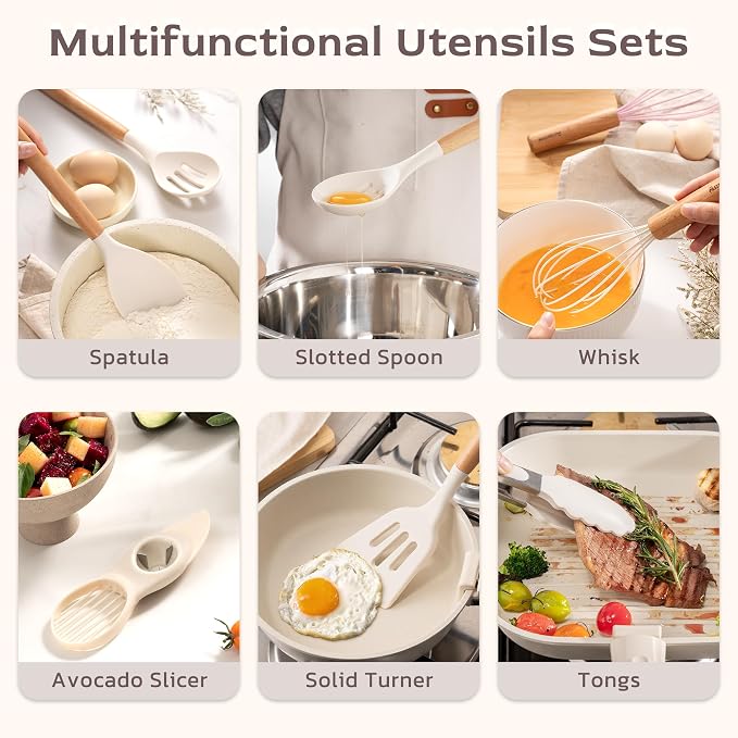 Astercook Kitchen Utensils set, 39 PCS Silicone Cooking Utensils Set with Wooden Handle, 446°F Heat Resistant Food Grade Utensil Sets, BPA Free Kitchen Gadgets Tools Set for Nonstick Cookware (Cream) - Image 6