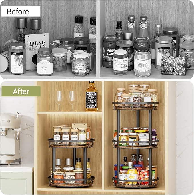 LAMU 12'' Wood Lazy Susan Spice Rack Organizer, 3 Tier Spice Organization for Cabinet, Countertop, Kitchen, Table Top, Pantry, Condiment and Seasoning Rack Organizer - Image 6