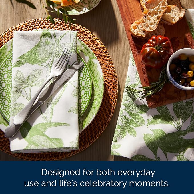 Arbor Birds Green Dinner Napkins Set of 4 | 100% Cotton Cloth Set for Entertaining or Everyday Table | for Wedding, Birthday, Christmas Green and White, 22 Inch Square - Image 6