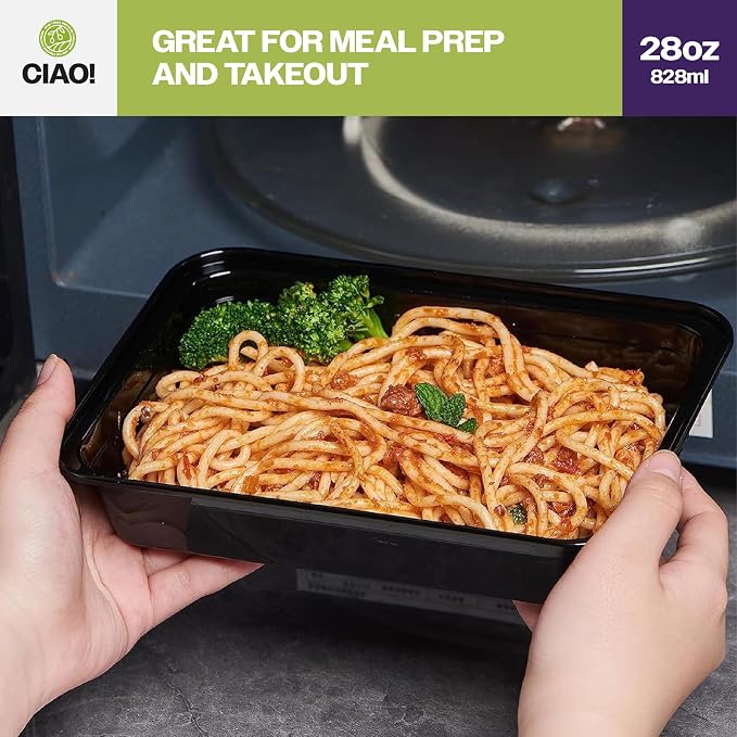 CIAO! Heavy Weight 28oz Injection Molded Microwavable Black Rectangular Food Container with Lid (150/case) - Image 7