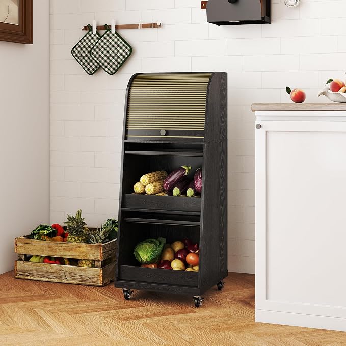 Movable Potato Storage Bins, Fruit Vegetable Basket, Kitchen Pantry Cabinet | Potato and Onion Storage Bin, for Bread, Mid Century Modern, Wooden, with Sliding Door and Wheels, Flip top, 3 Tier, Black - Image 2