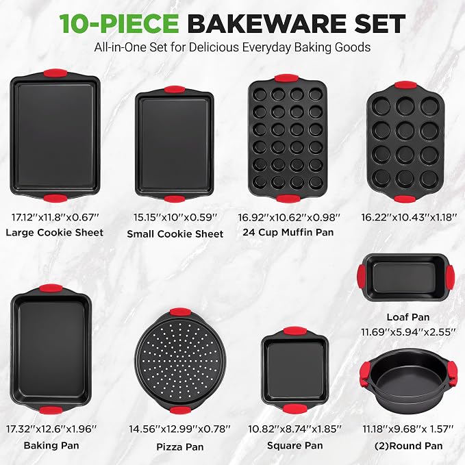 NutriChef 10‑Piece Non‑Stick Bakeware Set – Premium Carbon Steel Baking Pans Set with Silicone Handles – Oven & Dishwasher Safe – Complete Baking Sheet Set for Cookies, Muffins, Loaf, Pizza - Image 4
