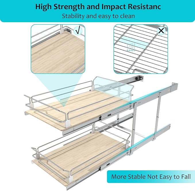 2 Tier Pull Out Cabinet Organizer 20.08" W X 22" D, Wood & Chromed | Full Slide Out Drawers For Kitchen Cabinets, Cabinets Capacity Heavy Duty Caddy, Cabinet Pullout Shelves , Pantry Storage - Image 9