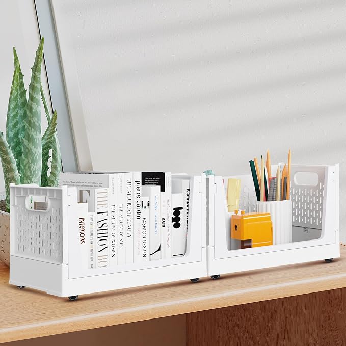 Stackable Storage Bins, Folding Collapsible Closet Organizers and Storage Bins Box, Plastic Shelves Drawer Organizer Container for Closet Office Bedroom Kitchen Bathroom with Wheels, White, 3 Pack - Image 5