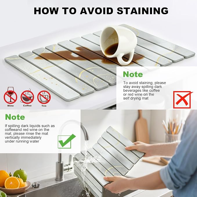 Stone Drying Mat for Kitchen Counter, Quick Diatomaceous Earth Mats for Dishes, 24"L x 16" W Super Absorbent Fast-Drying Collapsible Countertop Stone Mat (Marble White Yellow, 24" x 16") - Image 6