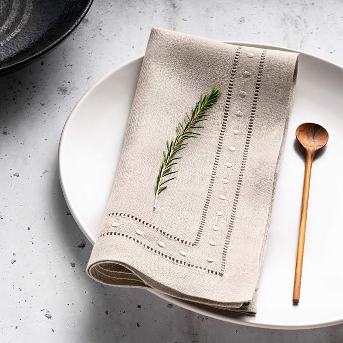 Linen Napkins Set of 4-100% Flax Linen Natural Dinner Napkins with Embroidered Dot 18 x 18 inch - Hemstitch Cloth Napkins Washable for Summer, Weddings Decor - Image 3