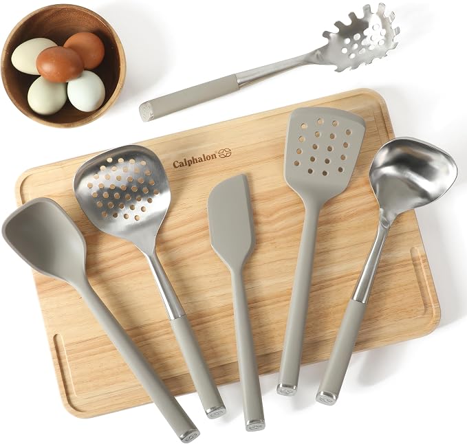 Calphalon Edge 6-Piece Stainless Steel and Silicone Kitchen Tool Set, Kitchen Utensil Set, Scraper, Skimmer, Spoon, Ladle, Turner, Pasta Server, Heat Resistant Nonstick Safe Cooking Utensils (Taupe) - Image 3