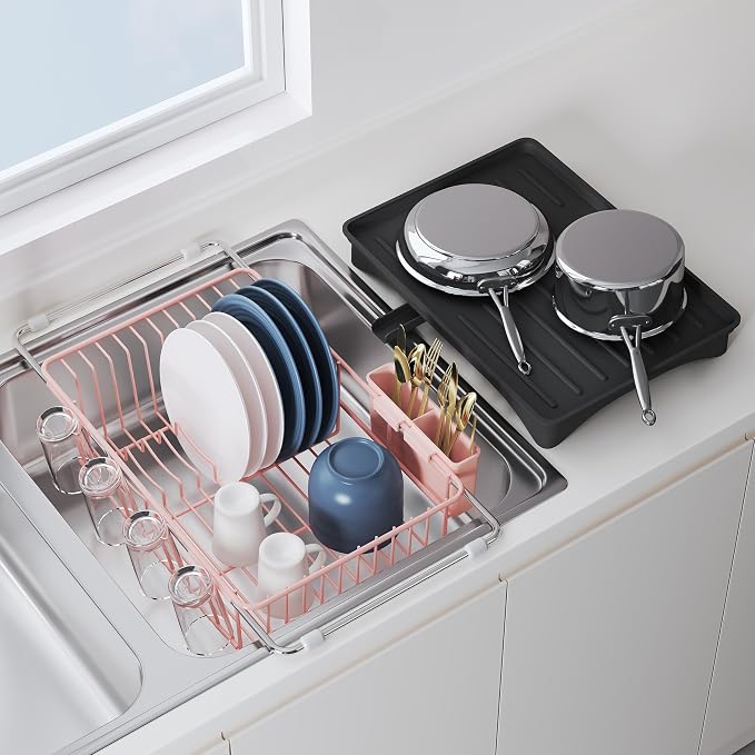 JASIWAY Pink Dish Drying Rack in Sink with Drainboard and Utensil Holder | Use Over the Sink or Counter, Stainless Steel Expandable Dish Drainer for Small Kitchen, Space Saving, Fast Drain, Rustproof by JASIWAY