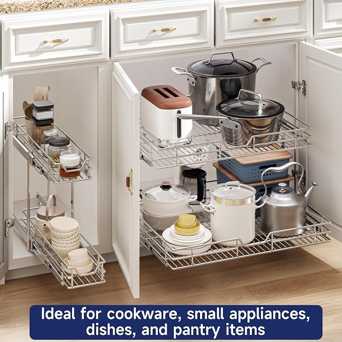 2-Tier Pull Out Cabinet Organizer, 30" W x 21.5" D, Heavy Duty Dual Slide Out Shelves for Wide Base Cabinets, Chrome Wire Basket Drawer for Pots, Pans, Pantry & Cleaning Supplies - Image 6