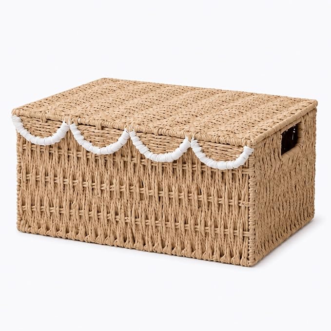 Wicker Basket with Scalloped Edge Lid, Water Hyacinth Storage Basket with Built-in Handles, Handwoven Wicker Box for Living Room, 15" L x 11 ¼" W x 7" H (Paper Rope-2) by AKAGI