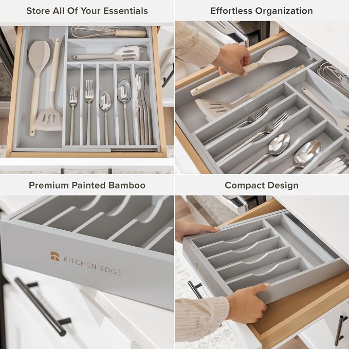 Silverware & Utensil Drawer Organizer, 10.5-19 in, Gray Bamboo | Cutlery, flatware, food-safe contract grade, kitchen drawer fit - Image 3