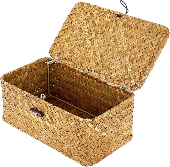 Hipiwe Wicker Shelf Baskets Bin with Lid X-Small Handwoven Basket for Shelf | Natural Seagrass Storage Box, Rectangular Household Basket Boxes for Wardrobe Home Organizer, Caramel by Hipiwe