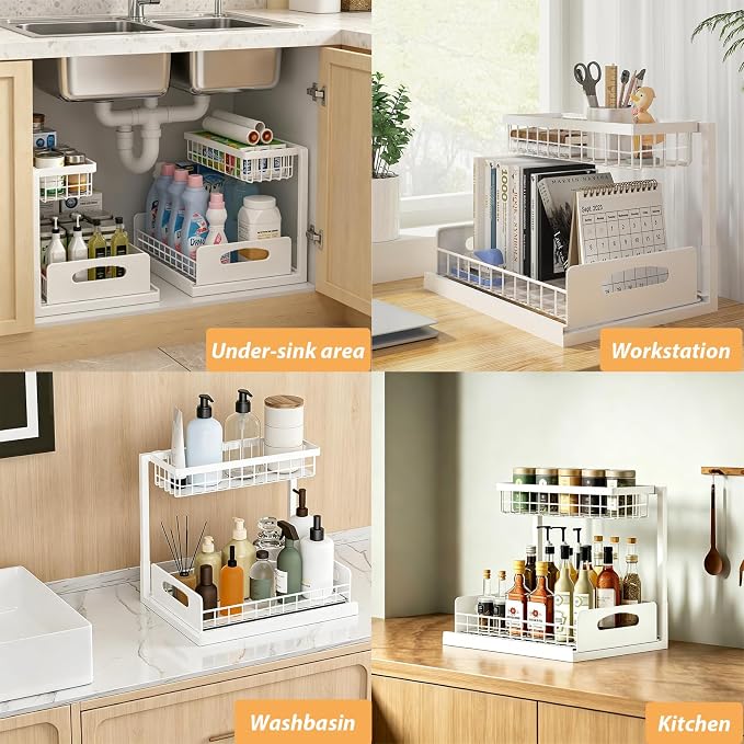 2 Pack Upgraded Under Sink Organizer, 2 Tier Pull out Kitchen Cabinet Organizer Metal Slide out Bathroom Organizers and Storage Makeup Drawer Organizer for Office Bedroom Restroom Living Room, L-White - Image 8