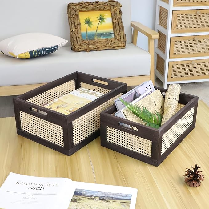 Desktop Storage Basket, Sundry Office Drawer Storage Box, Wood Frame Storage Basket. (Brown-Set2) - Image 6