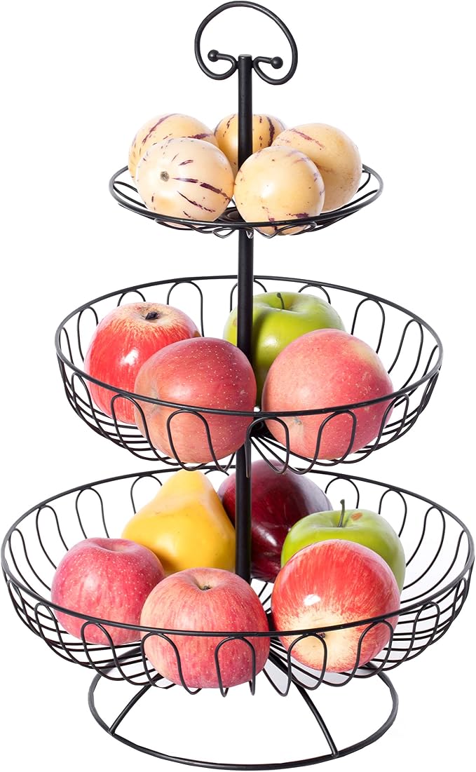 3 Tier Fruit Basket Stand for Kitchen Counter - Black Wire Metal Produce Organizer, Vegetable Storage Bin, Snack Holder, Onion Potato Holder, Pantry Wire Baskets, 12 x 12 x 18.25 Inch by Basicwise