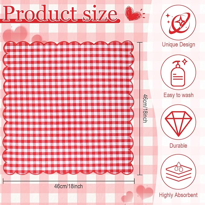 SmoothNovelty 12 Pack Buffalo Plaid Cloth Napkins 18x18 Inch Checkered Cloth Napkins Scalloped Soft Cotton Table Mat Washable Reusable for Dinner Wedding Holiday Birthday Parties (Classic,Red) - Image 2