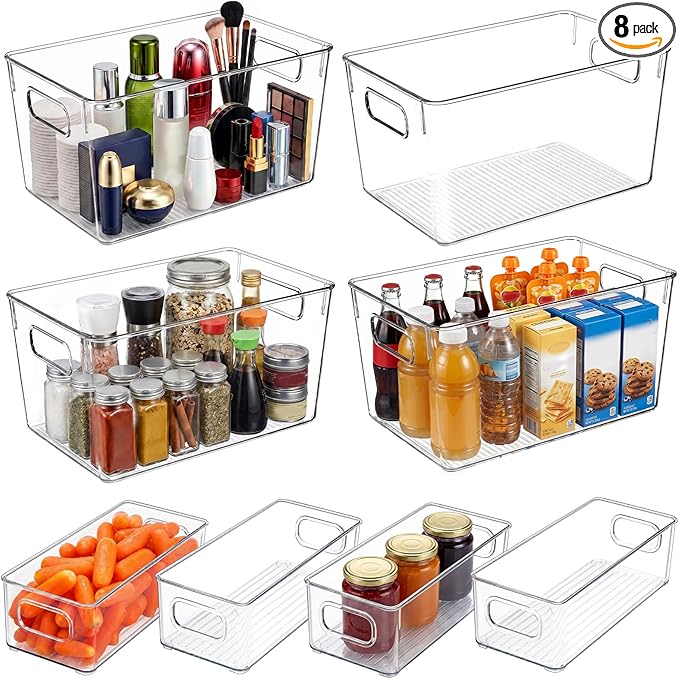 YKIOKE 8 Pack Clear Plastic Storage Bins with Handles, Stackable Organizer | BPA-Free, 4 Large & 4 Small Stackable Organizer Containers for Kitchen Cabinets, Countertops, Drinks, Fruits, Vegetables by YKIOKE