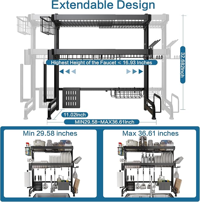 LIVOD Over The Sink Dish Drying Rack,3 Tier Adjustable Length Full Stainless Steel Large Storage Kitchen Dish Rack,for Kitchen Counter Expandable Multifunctional Organizers,Silver(25.5'' to 37.4'') - Image 2