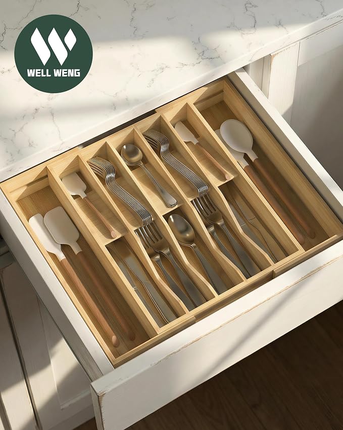Expandable Utensil Drawer Organizer for Silverware,Bamboo 12 Slot | V-Groove & Anti-Slip Blocks, Vertical Storage,16.7" D x 13”-20" Wx 2.56" H, Cutlery Holder Dividers for Spoons Forks Knives - Image 6