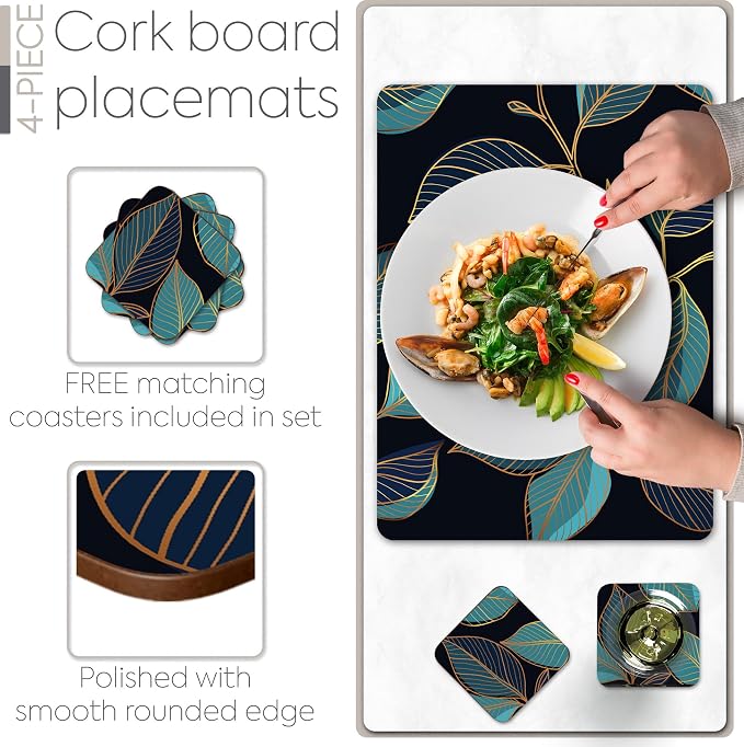 Set of 4 Heat Resistant Cork Placemats for Dining Table with Free Set of 4 Matching Drink Coasters Sage Green Marble Design 16 x 12 Inches Cork Backed Hard Placemats (Blue Gold Botanical) - Image 4