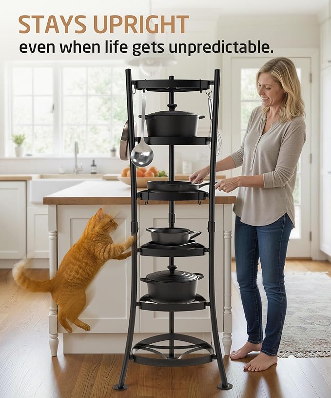 KES 264 Lbs Capacity Freestanding Pot Rack, 6-Tier Cast Iron Cookware Stand with 6 Hooks, Pots and Pans Storage Tower for Kitchen, Stable Base, Anti-tip Strap & Floor Protectors Black, KUR531S6-BK - Image 5