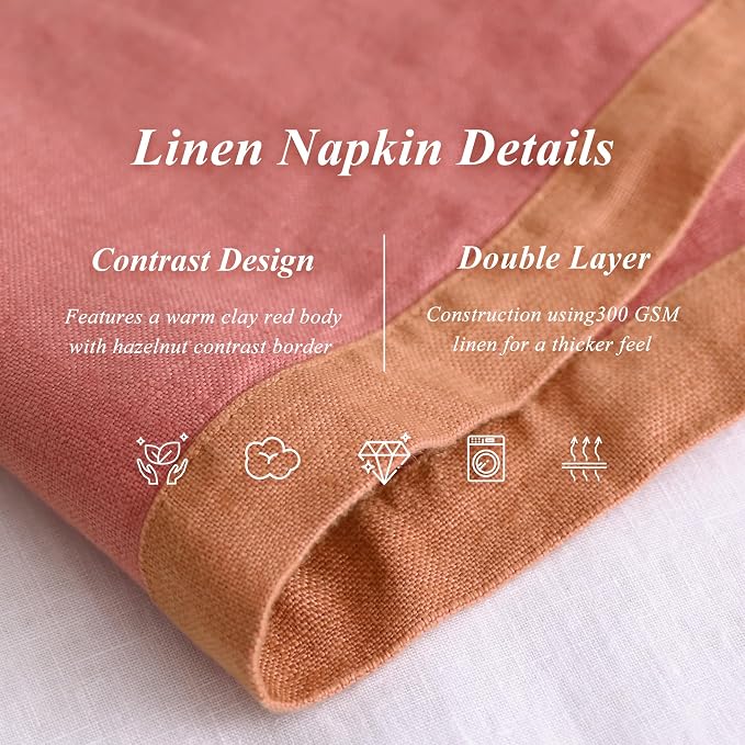 Linen World 100% French Linen Napkins Set of 4,20 x 20 Inch Double Layer Cloth Napkins,Washable Heavyweight for Holiday Dining Kitchen Decor,Clay Red with Hazelnut Contrast Border - Image 6